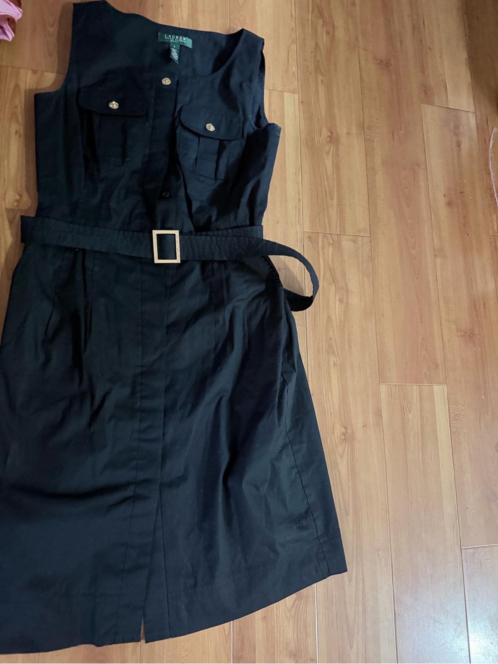 Lauren Ralph Lauren Black Sleeveless Belted Shirt Dress with Gold Buckle